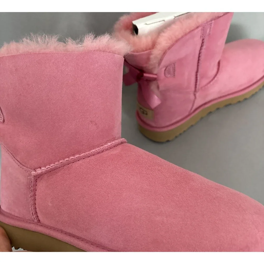 Womens UGG Boots Mini Bailey Bow WBRR Pink Sz 7 Suede Coquette Festival Sold Out - Picture 5 of 15